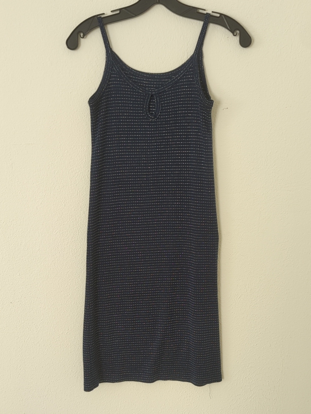 Vintage Navy Blue Metallic Striped Slip Dress with Keyhole Neckline
